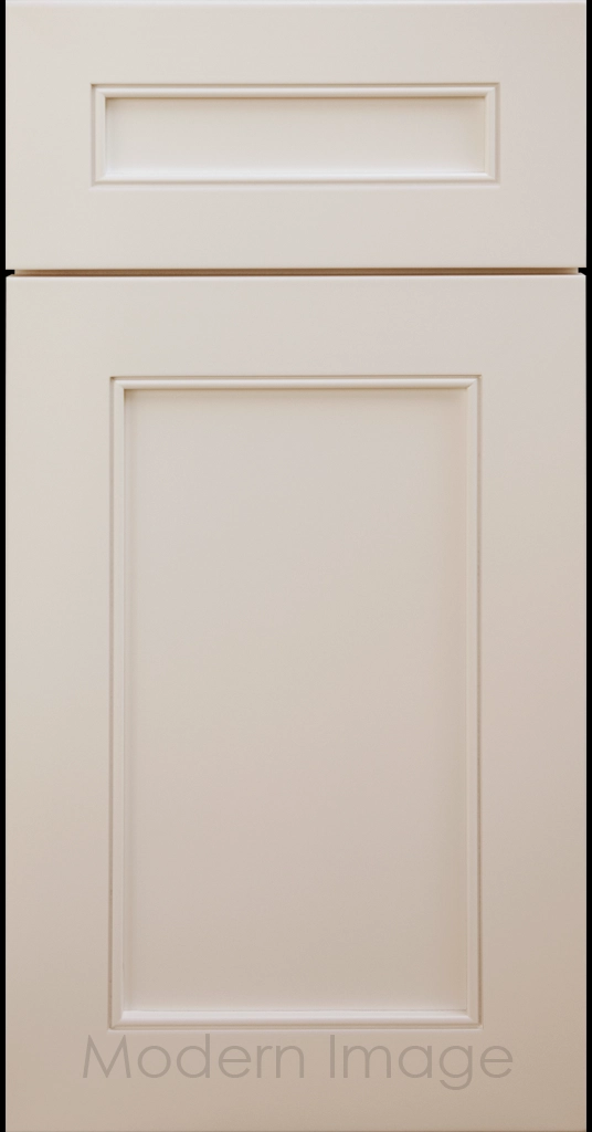Highland Beige painted Shaker kitchen cabinet door with wide rails and a flat center panel.